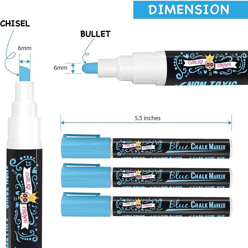 CHALKY CROWN قلم ماركر سائل تشالكي كراون - قلم مسح جاف - أقلام طباشير لعلامات السبورة، النوافذ، السبورة السوداء، الزجاج - طرف قابل للعكس 6 مم (أزرق، 5 عبوات) - Image 4
